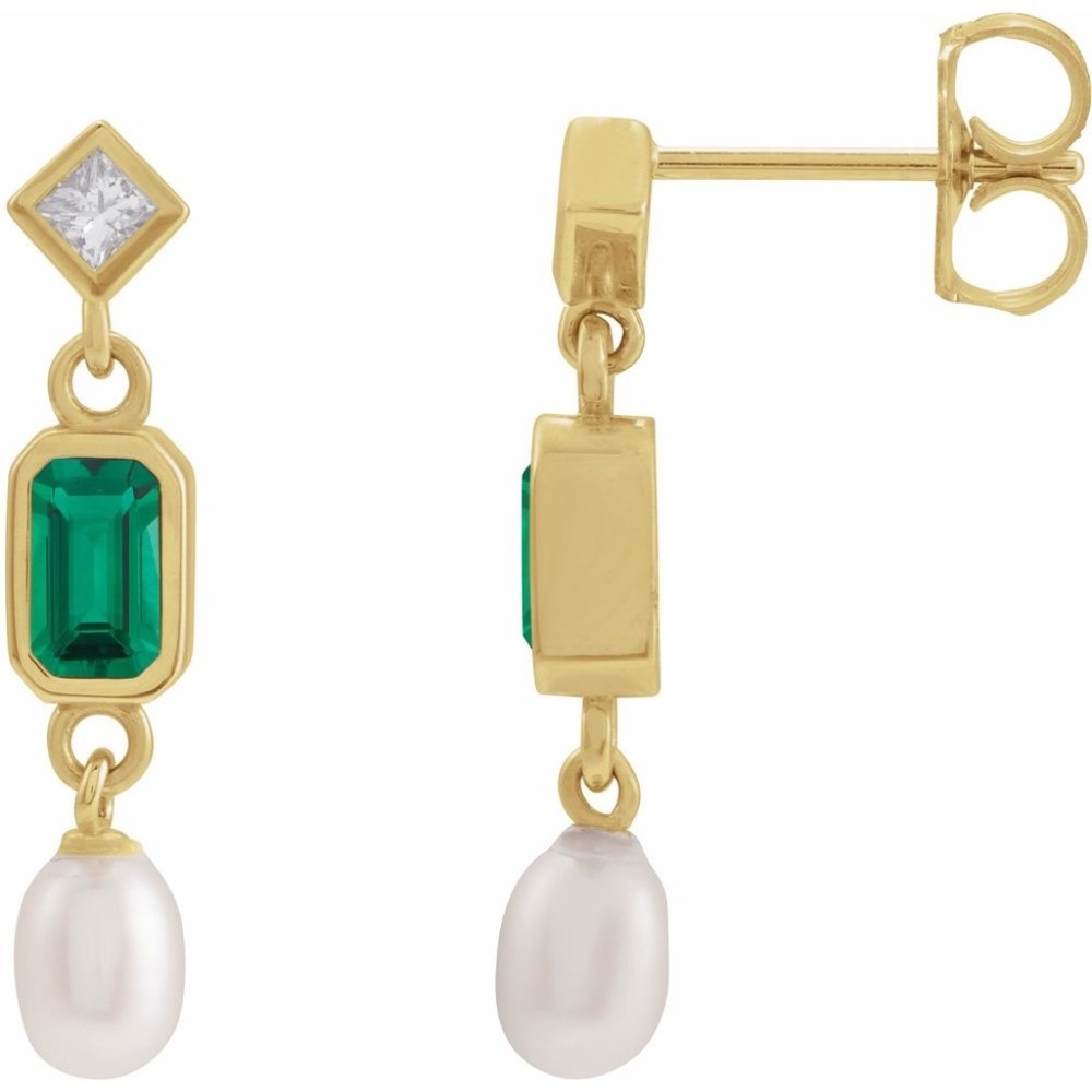 Lab-Grown Emerald, Cultured White Akoya Pearl & .05 CTW Natural Diamond Earrings